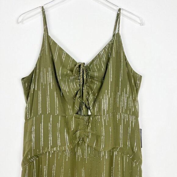 NWT Express Maxi Dress Women's Size XL Olive Green Metallic Cutout Ruched Front - Picture 5 of 16